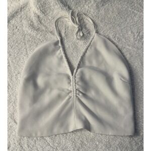 Kendall & Kylie White Halter Neck Crop Top Wm‎ S 70s Smocked Back Bachelorette